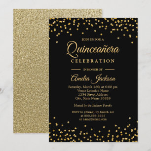 Sparkle Gold Black Confetti Quinceanera Uitnodigin Kaart