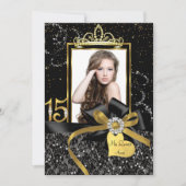 Sparkle Gold Black Lace & Bow Photo Quinceanera Kaart (Voorkant)