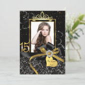 Sparkle Gold Black Lace & Bow Photo Quinceanera Kaart (Staand voorkant)