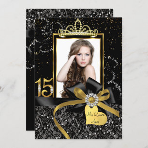 Sparkle Gold Black Lace & Bow Photo Quinceanera Kaart
