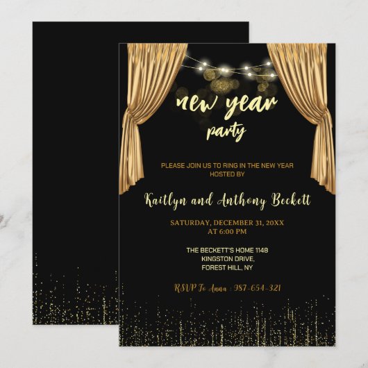 Sparkle Gold Black New Year's Eve Party Kaart (Voorkant / Achterkant)