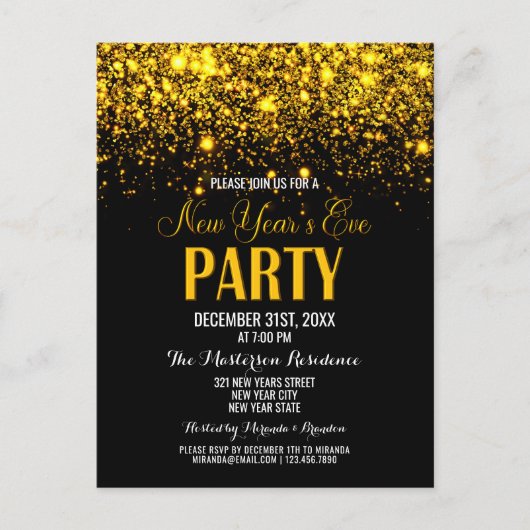 Sparkle Gold Black Nieuwjaarsfeest Uitnodiging (Voorkant)