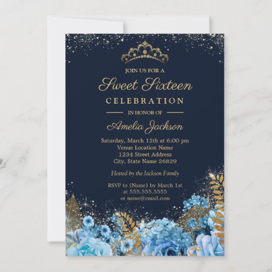 Sparkle Gold Blue Glitter floral Sweet Sixteen Kaart (Voorkant)