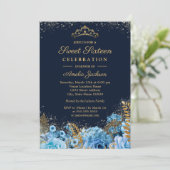 Sparkle Gold Blue Glitter floral Sweet Sixteen Kaart (Staand voorkant)