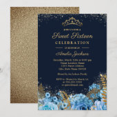 Sparkle Gold Blue Glitter floral Sweet Sixteen Kaart (Voorkant / Achterkant)
