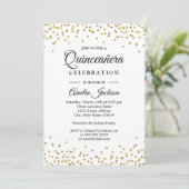 Sparkle Gold Confetti Quinceanera Invitation Kaart (Staand voorkant)