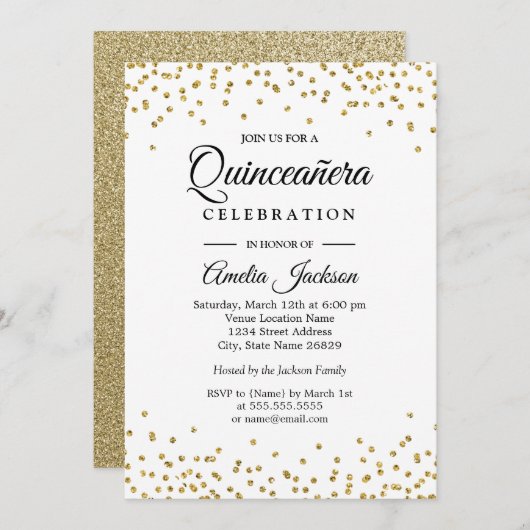 Sparkle Gold Confetti Quinceanera Invitation Kaart (Voorkant / Achterkant)
