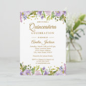 Sparkle Gold Floral Paarse Quinceanera Invite Kaart (Staand voorkant)