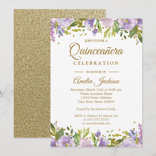 Sparkle Gold Floral Paarse Quinceanera Invite Kaart (Voorkant / Achterkant)