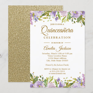 Sparkle Gold Floral Paarse Quinceanera Invite Kaart