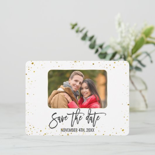 Sparkle Gold foto handschrift opslaan van de datum Save The Date (Staand voorkant)