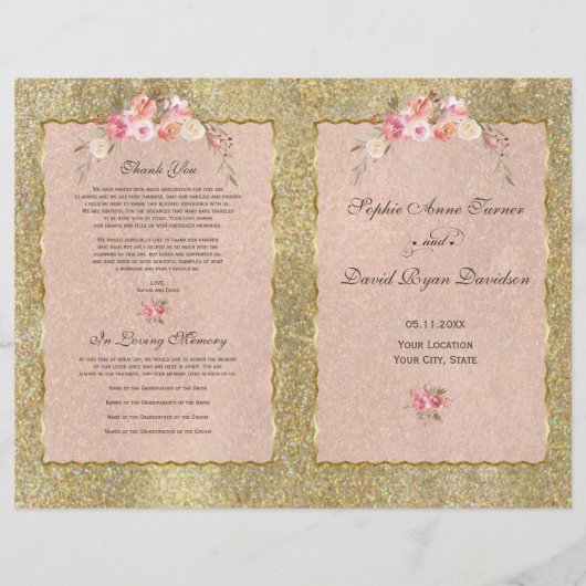 Sparkle Gold Glitter Blush Bloemen Trouwprogramma (Voorkant)