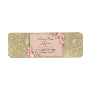 Sparkle Gold Glitter Blush Floral Wedding Etiket