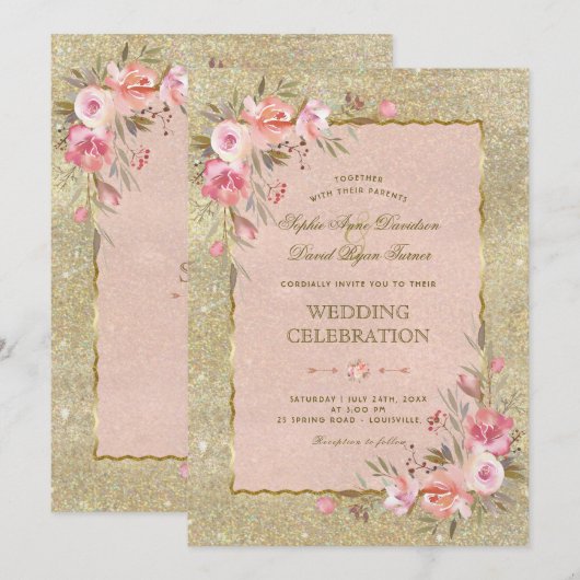 Sparkle Gold Glitter Blush Flowers Weddenschap Kaart (Voorkant / Achterkant)