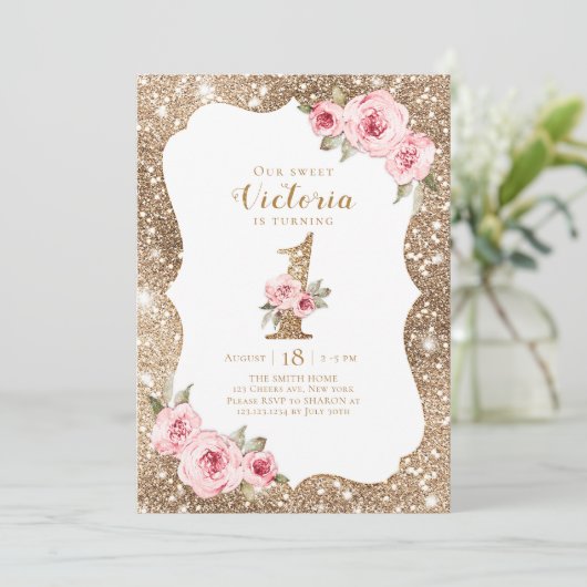 Sparkle gold glitter en roze floral 1st jarig kaart (Staand voorkant)