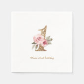 Sparkle gold glitter en roze floral 1st jarig servet (Voorkant)