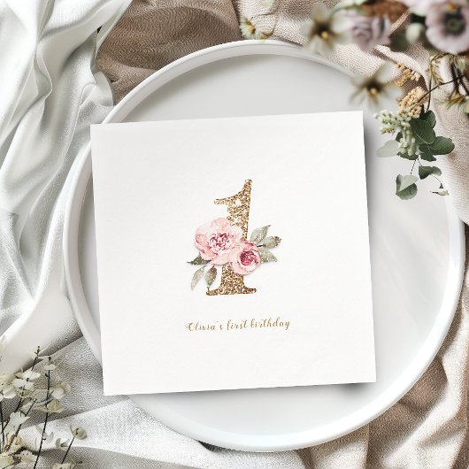 Sparkle gold glitter en roze floral 1st jarig servet