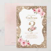 Sparkle gold glitter en roze floral 3rd jarig kaart (Voorkant / Achterkant)