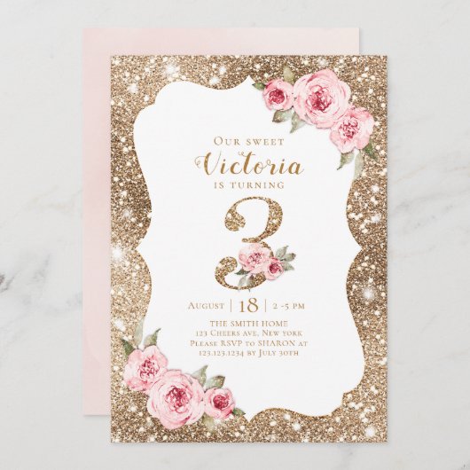 Sparkle gold glitter en roze floral 3rd jarig kaart (Voorkant / Achterkant)