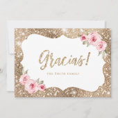 Sparkle gold glitter en roze floral glacias dank kaart (Voorkant)