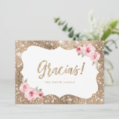 Sparkle gold glitter en roze floral glacias dank kaart (Staand voorkant)