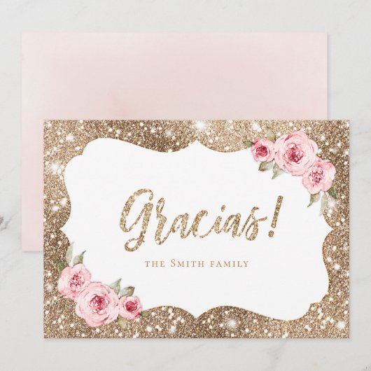 Sparkle gold glitter en roze floral glacias dank kaart (Voorkant / Achterkant)