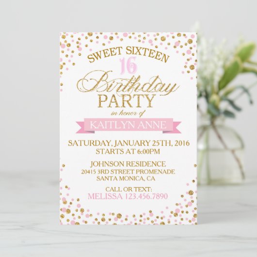 Sparkle Gold Glitter Stippen Sweet Sixteen Birthda Kaart (Staand voorkant)