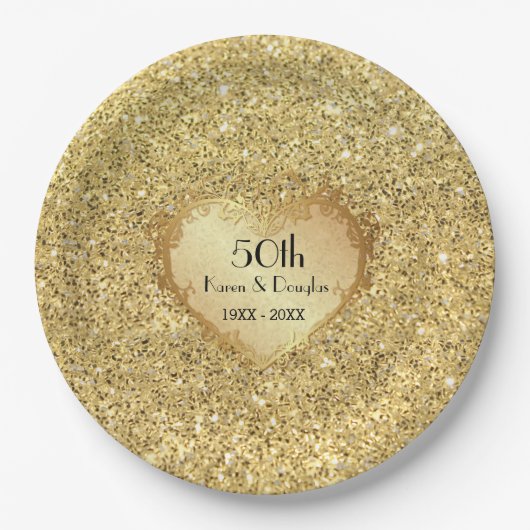 Sparkle Gold Heart 50th Wedding Jubileum Papieren Bordje (Voorkant)