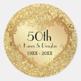 Sparkle Gold Heart 50th Wedding Jubileum Ronde Sticker
