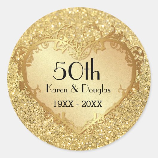 Sparkle Gold Heart 50th Wedding Jubileum Ronde Sticker (Voorkant)