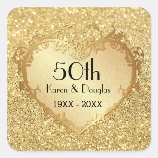 Sparkle Gold Heart 50th Wedding Jubileum Vierkante Sticker (Voorkant)