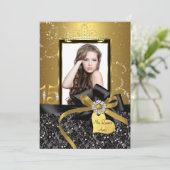 Sparkle Gold Lace & Bow Photo Quinceanera Kaart (Staand voorkant)
