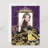 Sparkle Gold Paars Damask & Bow Photo Quinceanera Kaart (Voorkant)