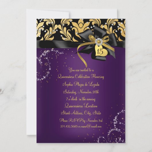 Sparkle Gold Paars Damask & Bow Photo Quinceanera Kaart (Achterkant)
