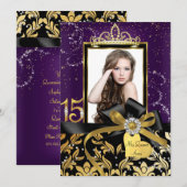 Sparkle Gold Paars Damask & Bow Photo Quinceanera Kaart (Voorkant / Achterkant)