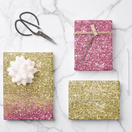 Sparkle Gold Pink Faux Glitter Inpakpapier Vel (Voorkant)