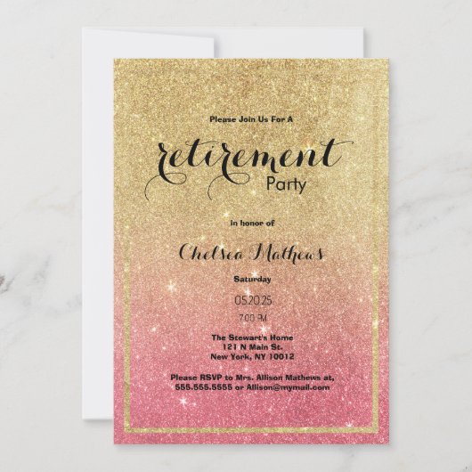 Sparkle Goud Roze Ombre Glitter Pensioen Party Kaart (Voorkant)