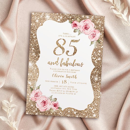 Sparkle gouden glitter en roze bloemen85e verjaard kaart
