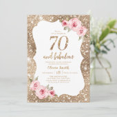 Sparkle gouden glitter en roze bloemen 70e verjaar kaart (Staand voorkant)