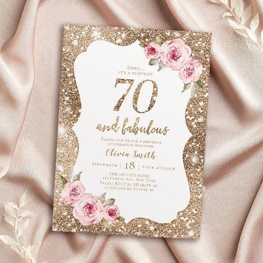 Sparkle gouden glitter en roze bloemen 70e verjaar kaart