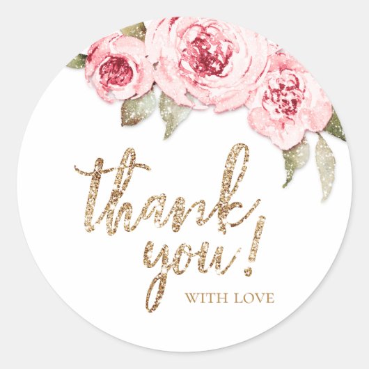 Sparkle gouden glitter en roze bloemendank je ronde sticker (Voorkant)