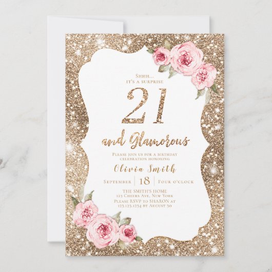 Sparkle gouden glitter en roze bloemenkleur 21e ve kaart (Voorkant)