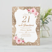 Sparkle gouden glitter en roze bloemenkleur 21e ve kaart (Staand voorkant)