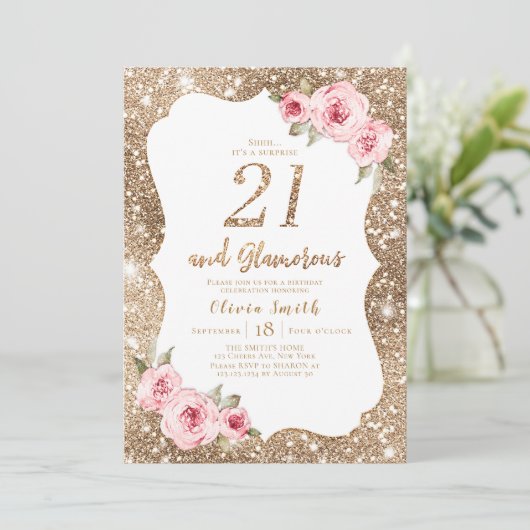 Sparkle gouden glitter en roze bloemenkleur 21e ve kaart (Staand voorkant)