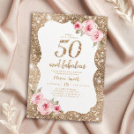 Sparkle gouden glitter en roze bloemenkleur 50ste  kaart<br><div class="desc">Faux gouden fonkelende glitter achtergrond en blush roze bloemig met "50 en fabulous" script in het midden,  elegant en stijlvol,  geweldige uitnodigingen voor 50ste verjaardagsfeestjes.</div>