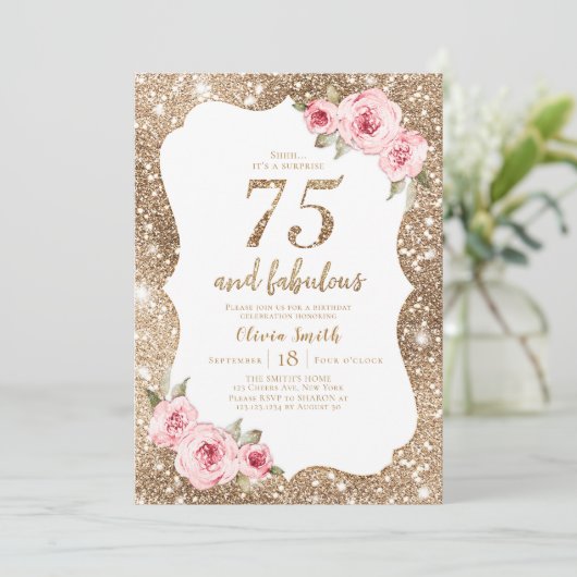 Sparkle gouden glitter en roze bloemenkleur 75e ve kaart (Staand voorkant)