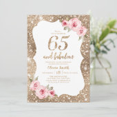 Sparkle gouden glitter en roze bloemige 65e verjaa kaart (Staand voorkant)