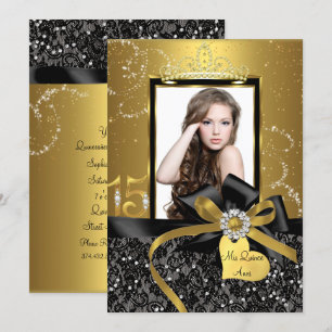 Sparkle Gouden Kant & Strik Foto Quinceanera Kaart