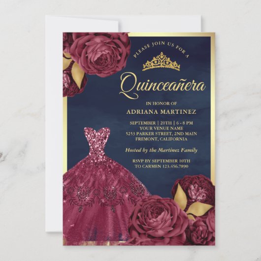 Sparkle Gown Bourgondië Bloemen Navy Gold Quincean Kaart (Voorkant)
