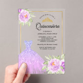 Sparkle Gown Lila Paarse Bloemen Goud Quinceanera Acryl Uitnodigingen (Insitu (Draagbaar))